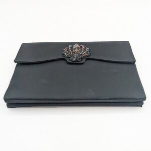 Genny Vintage Black Satin Clutch Beaded Seashell Evening Bag
